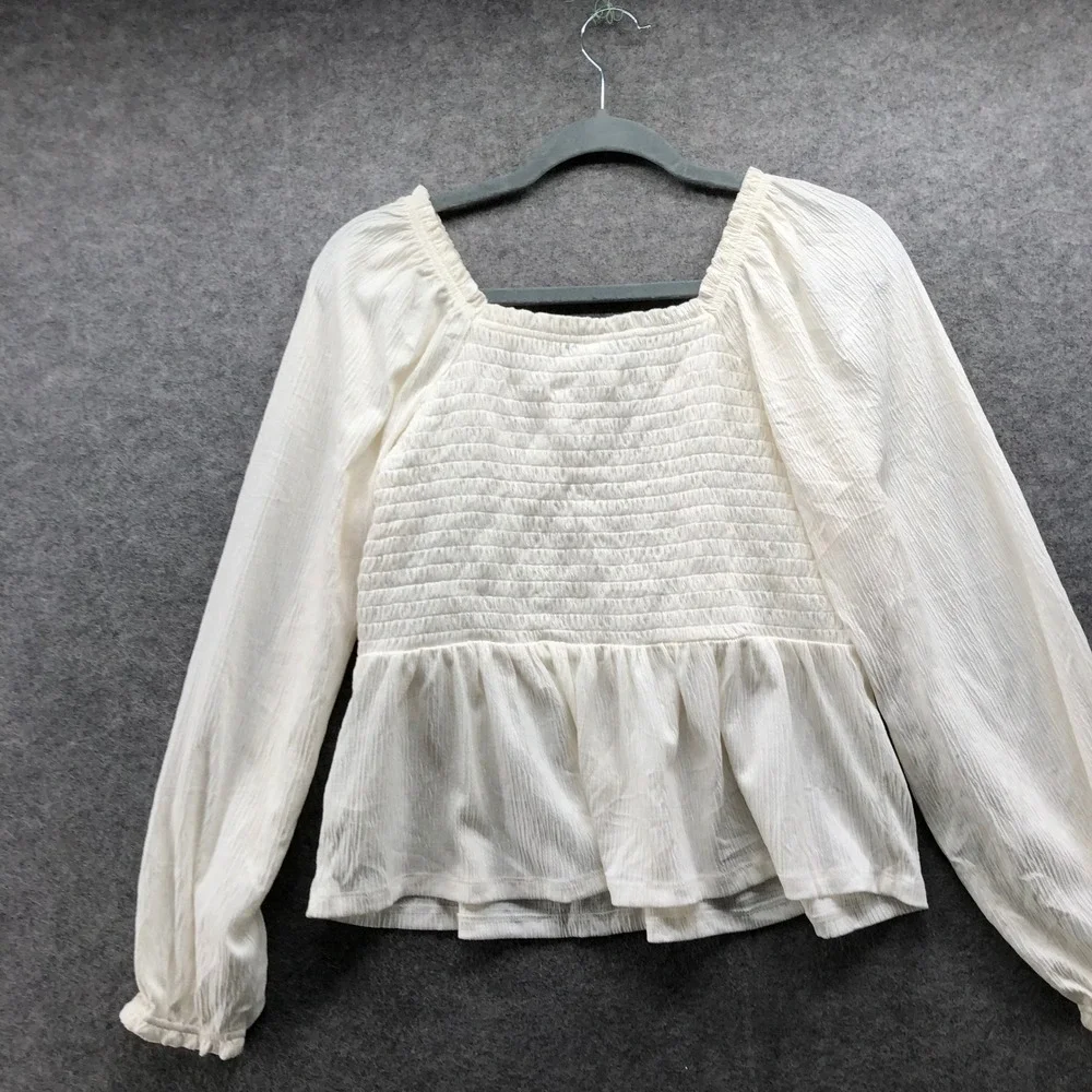 NWT Old Navy Smocked Peplum Top Womens Medium Sea Salt White Long Sleeve Stretch